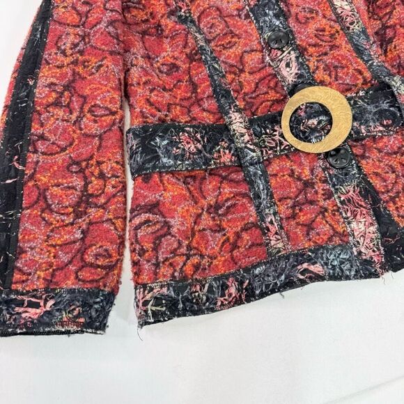 Canvasbacks Jacket Womens Medium Red Textured Belted Long Sleeve Blazer Artsy - Picture 2 of 9